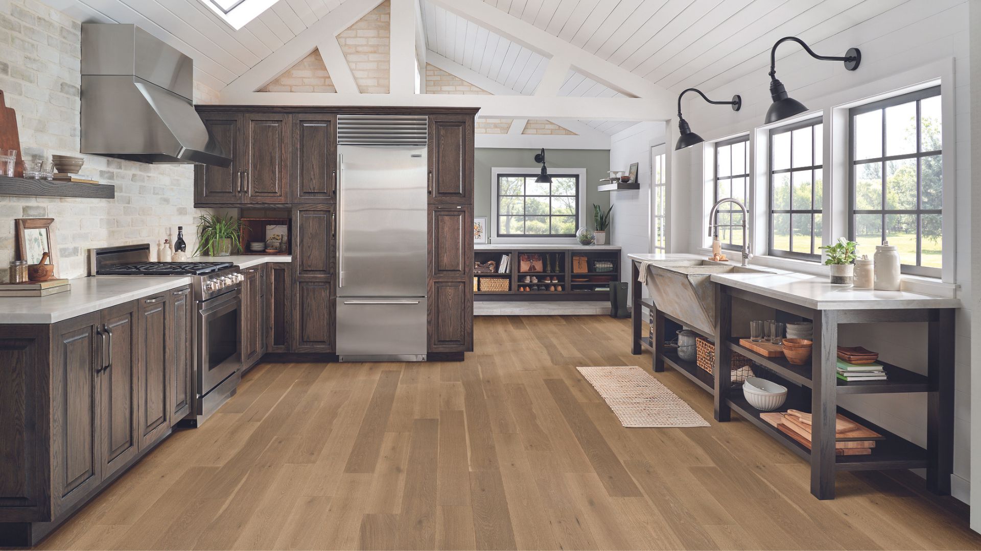 Laminate wood flooring in a rustic kitchen.